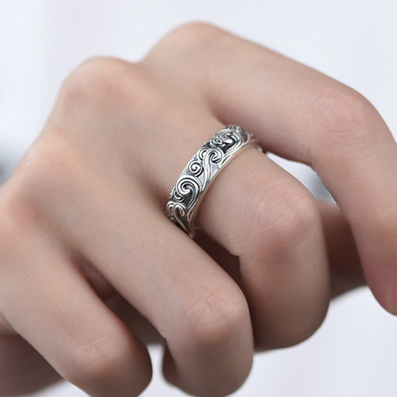 LAOTLON 999 Sterling Silver Auspicious Clouds Engraved Blessing Adjustable Ring