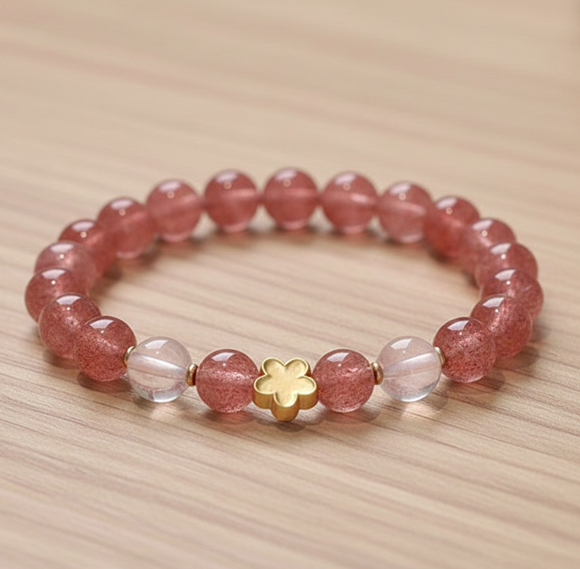LAOTLON Natural Strawberry Quartz Peach Blossom PiXiu Attract Fortune Healing Bracelet