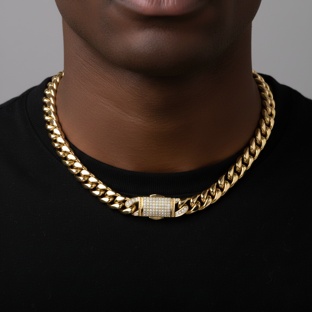 Laotlon Hip-Hop 12mm Artificial Mini Gemstone Spring Snap Stainless Steel Cuban Chain