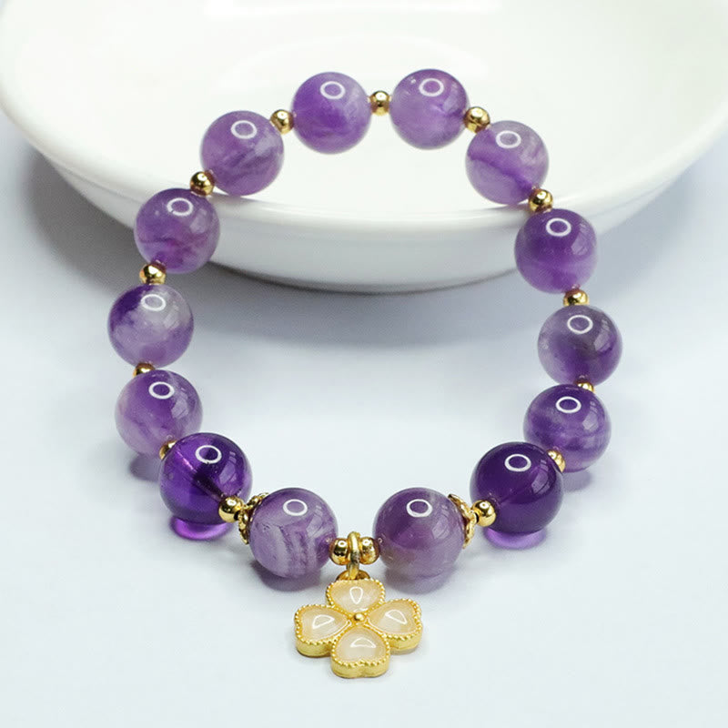 3. LAOTLON Natural Amethyst Crystal Inner Peace Four Leaf Clover Charm Bracelet – $11.99