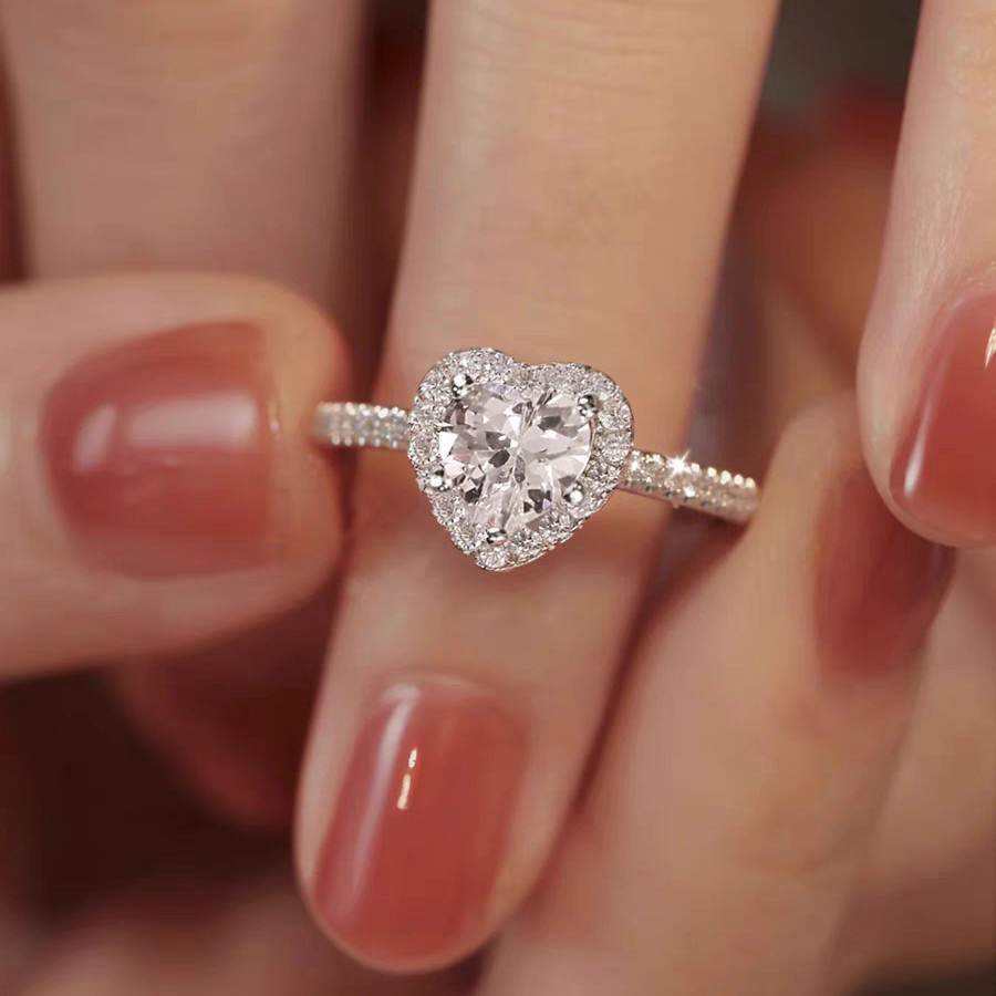 LAOTLON Heart Diamond Ring With Halo Pave Setting