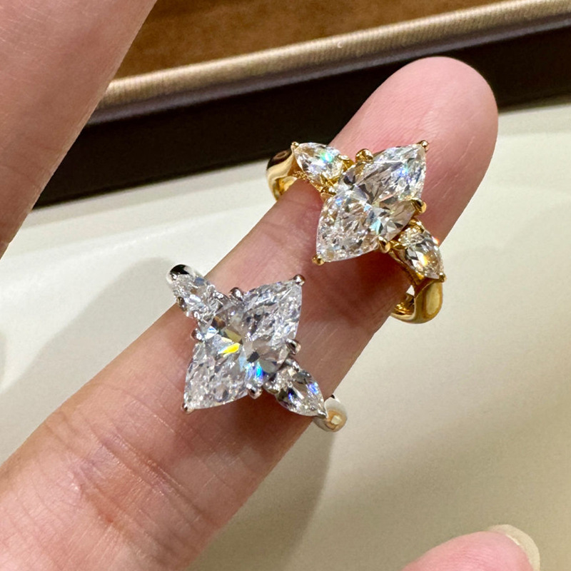 LAOTLON Marquise Teardrop Three-Moissanite S925 Silver Ring Sparkling Engagement Ring