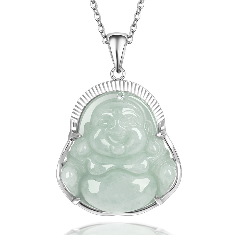 LAOTLON 925 Sterling Silver Laughing LAO Jade Luck Calm Necklace Chain Pendant