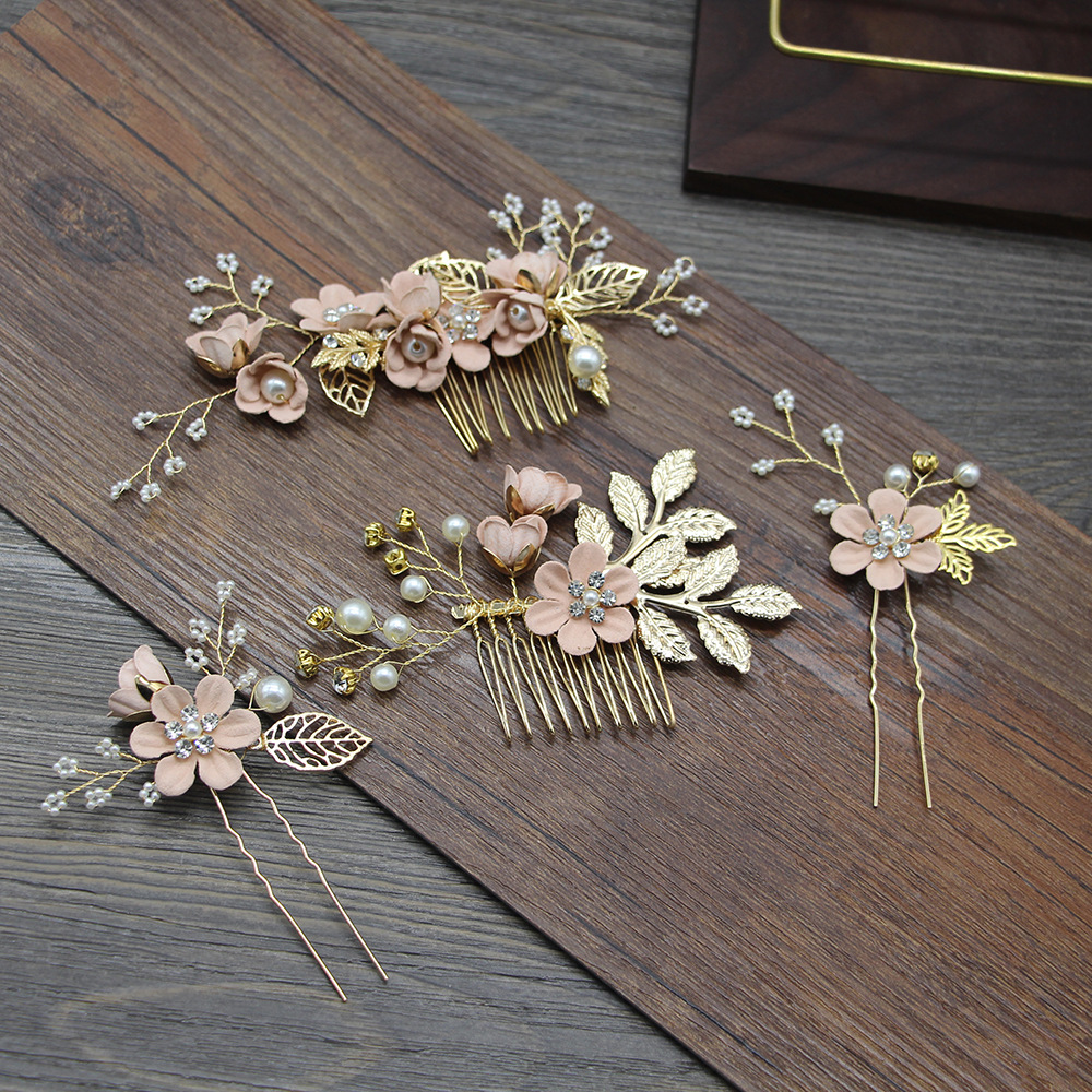 LAOTLON 4Pcs Handmade Wedding Golden Leaf Flower Pearl Hairpin Hair Comb Set