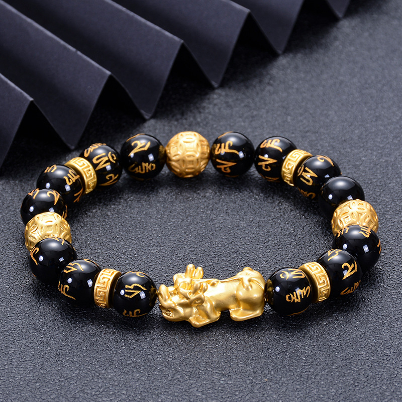 LAOTLON Black Obsidian Black Onyx Alloy PiXiu Om Mani Padme Hum Strength Bracelet