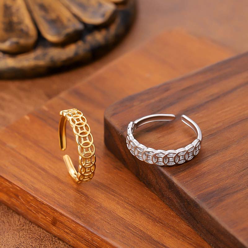 LAOTLON Vintage Copper Coin Design Luck Adjustable Ring