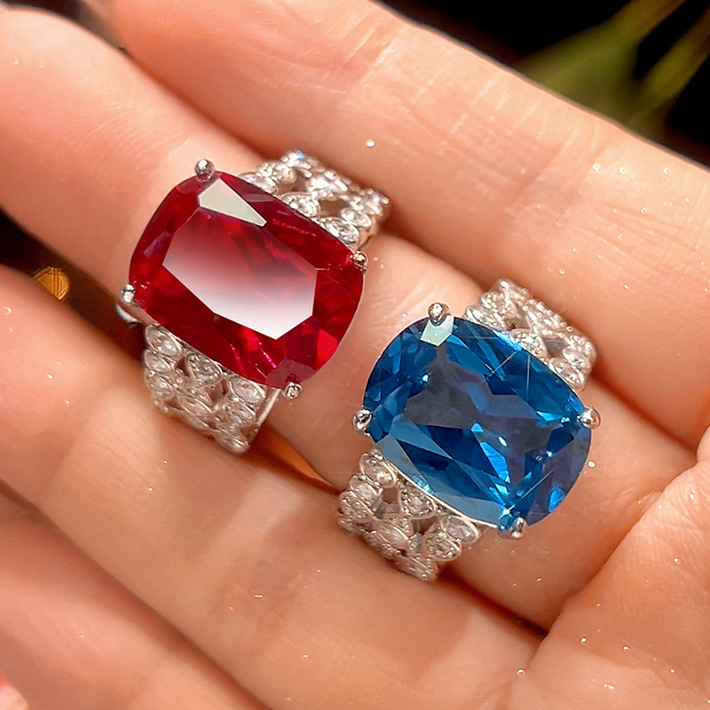 LAOTLON New Jewelry Copper Bottom Gold Plated Square Red Corundum Blue Spine Adjust Ring