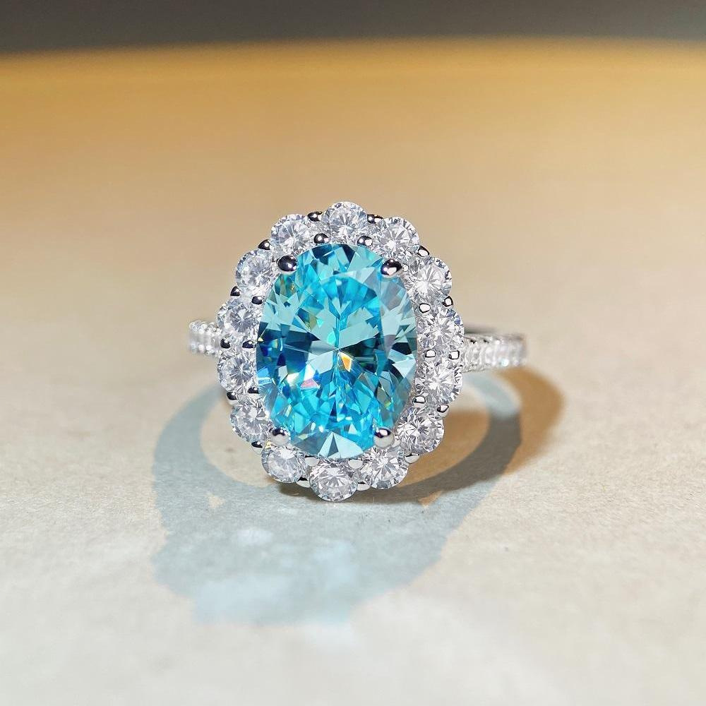 TAOTLON S925 Sterling Silver Floral-Style Full-Diamond Aquamarine Ring, Fashionable Banquet Cocktail Ring