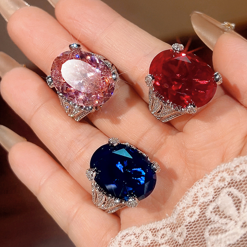 TAOTLON Fashionable Luxury European Style Blue & Red Sapphire Pink Oval Zirconia Gemstone Women’s Ring Factory Direct