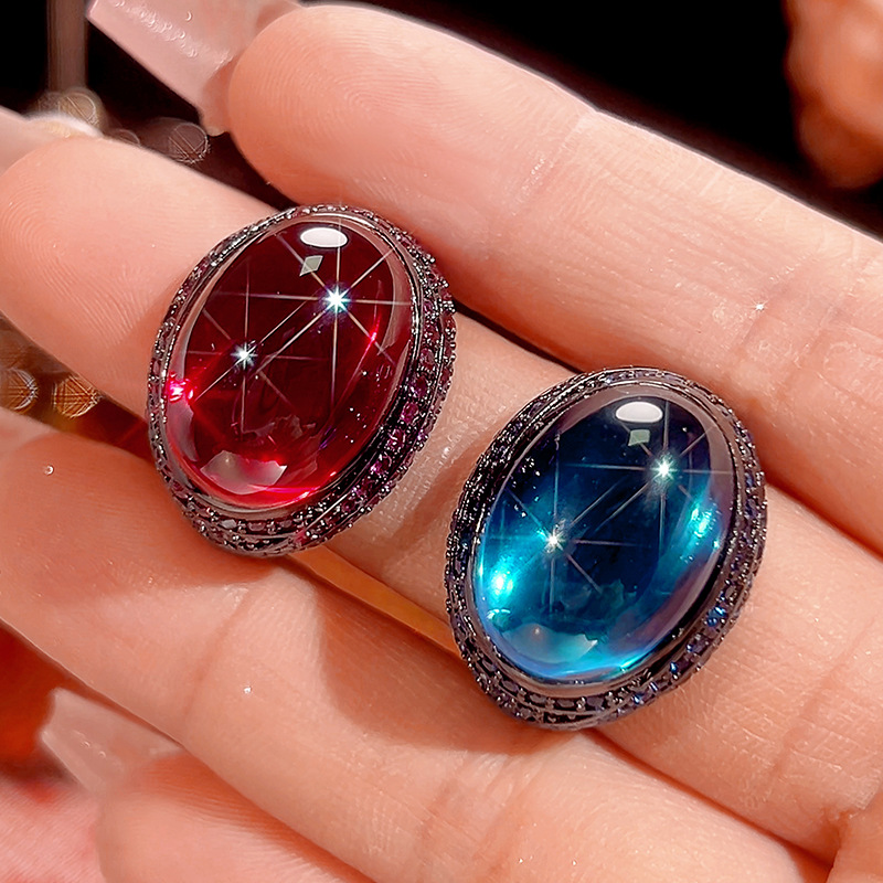 TAOTLON Black Gold Blue Topaz Red Corundum Fluorescent Vintage Women’s Jewelry Ring Factory Direct Sales