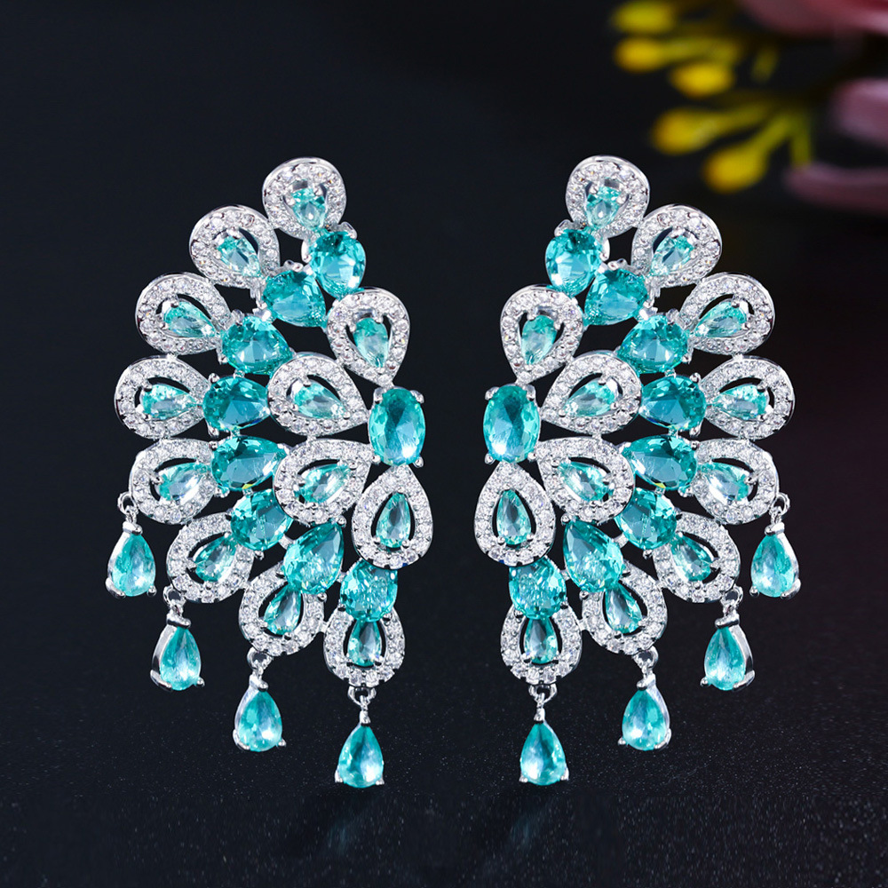LAOTLON Light luxury long fan-shaped diamond drop earrings
