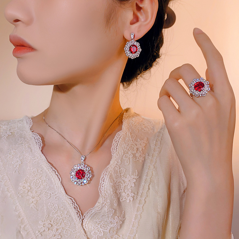 TAOTLON Exquisite Red Corundum Jewelry Set: Necklace, Ring and Earrings with Sparkling Design