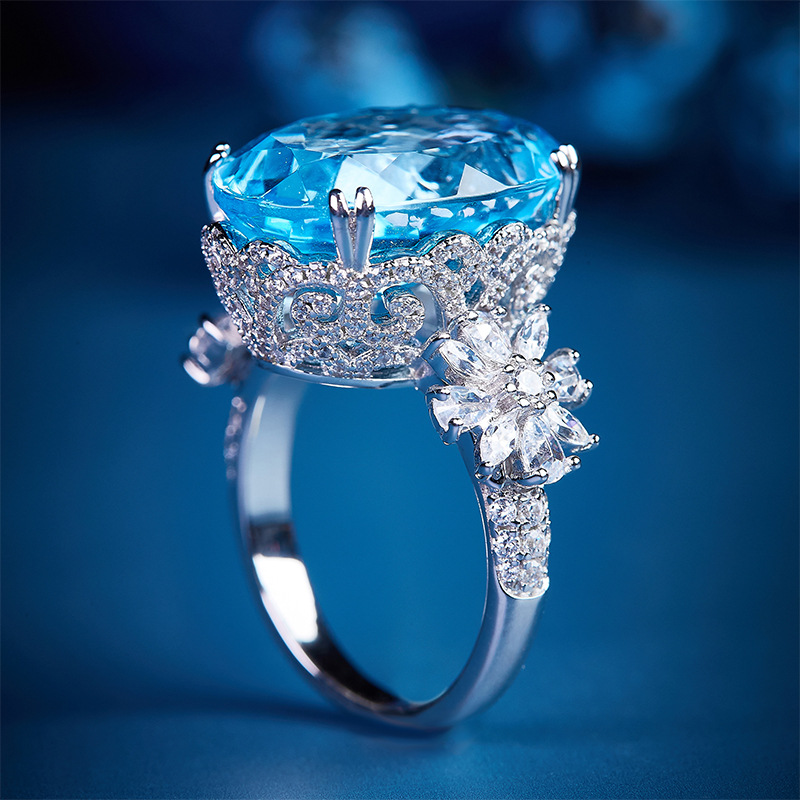 TAOTLON Sky Blue Topaz Filigree-Shape Cocktail Adjustable Ring