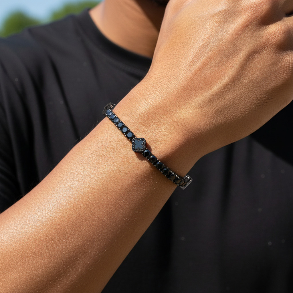 LAOTLON 4mm Iced Out Four Leaf Clover Tennis Bracelet in Black Gold