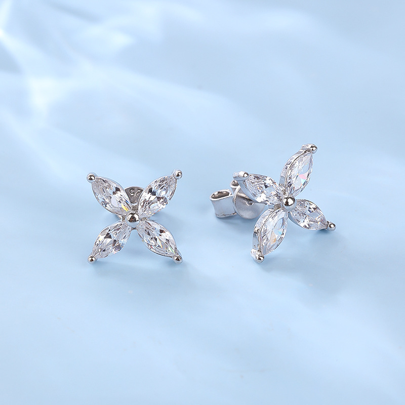 Laotlon  Flower Stud Marquise Cut Diamond Earrings In White Gold