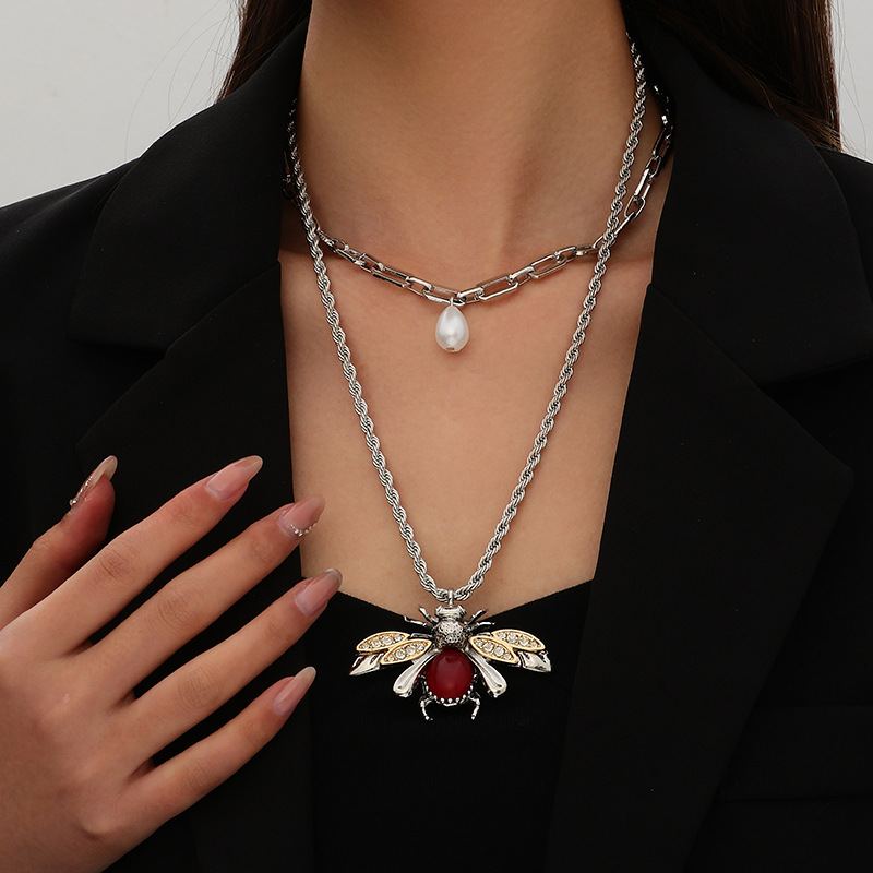 Laotlon Gold Bee Pearl Pendant Double Layered Chain Jewelry