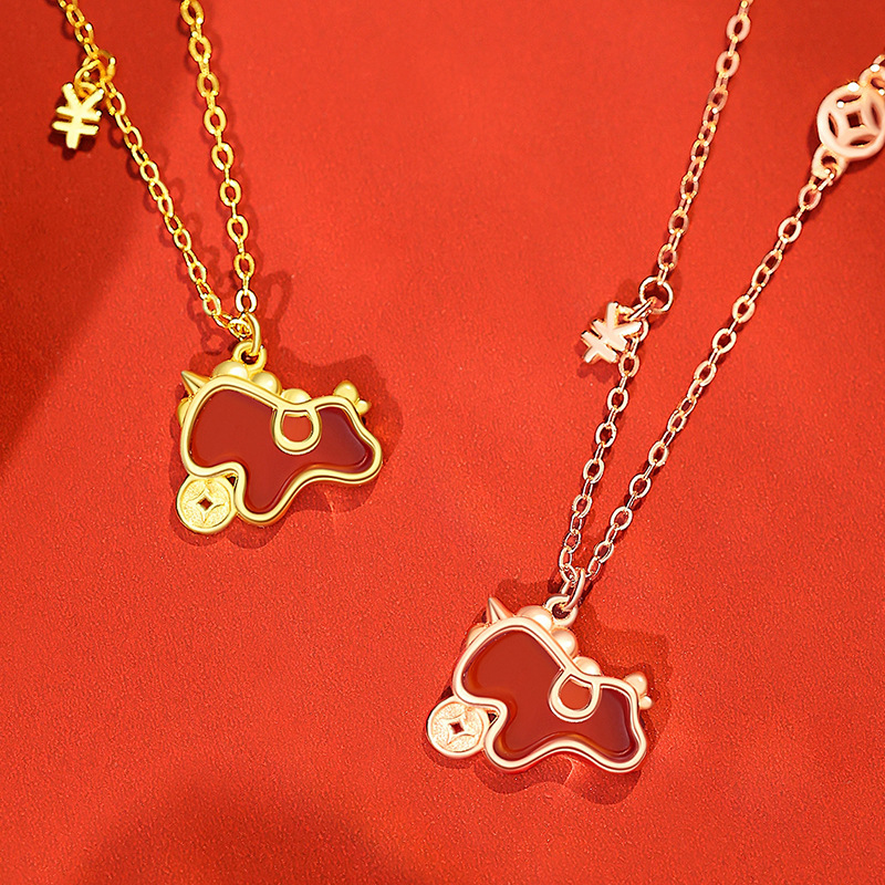 Laotlon Coin Cute Horse Red Agate 925 Sterling Silver Unicorn Necklace