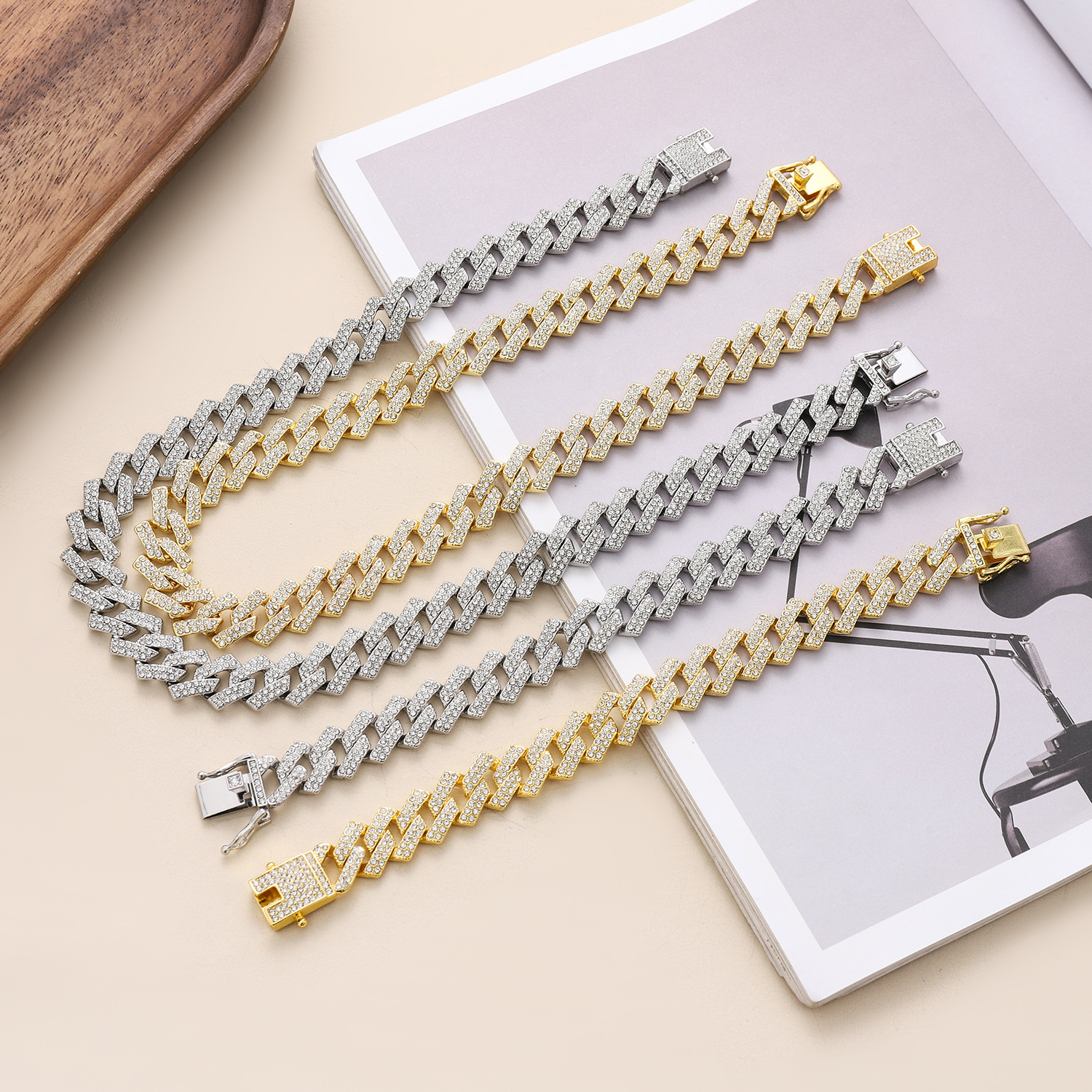 LAOTLON Full Diamond Rhombus Cuban Chain Double-Row Quadrilateral Hip-Hop Necklace