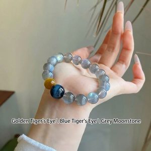 TAOTLON Natural Gray Moonstone & Blue Gold Tiger's Eye Bracelet
