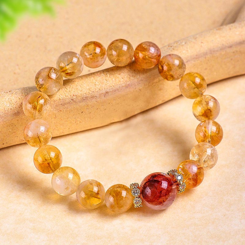 TAOLON Golden Dominance Wealth-Attracting Natural Citrine – Fortune-Gathering Red Resin Flower Bracelet