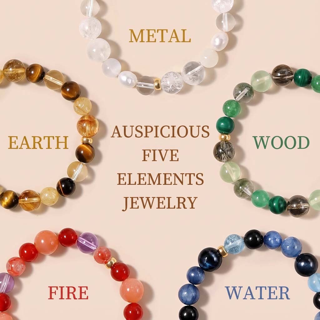 TAOLON18K Gold Natural Crystal Five Elements Bracelet: Gold, Wood, Water, Fire, Earth
