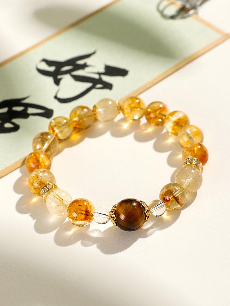 TAOLON Prosperity Natural Yellow Topaz Crystal Golden Rutilated Quartz Yellow Tiger’s Eye Bracelet