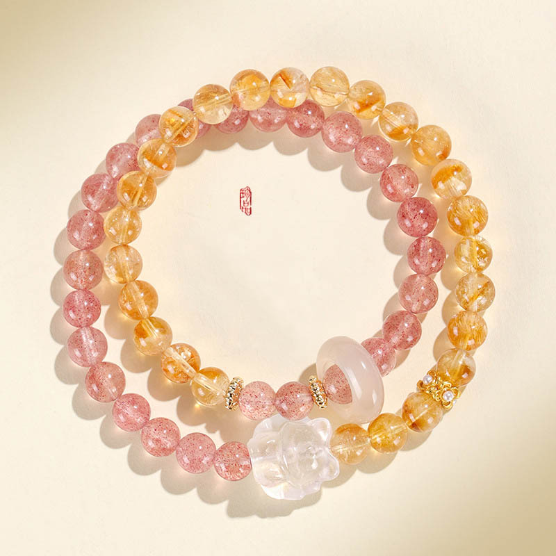 TAOLON “Nine-Tailed Fox” Charm Bracelet – Double-Strand Natural Strawberry Quartz & Citrine Crystal Bracelet for Love, Joy, and Abundance