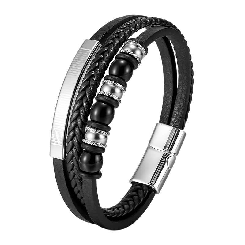 TAOLON New Fashion Beaded Men’s PU Leather Zinc Alloy Magnetic Clasp Bracelet