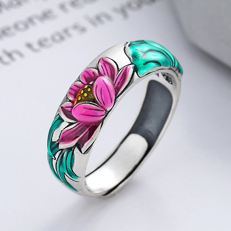LAOTLON 925 Sterling Silver Lotus Flower Heart Sutra Enlightenment Ring