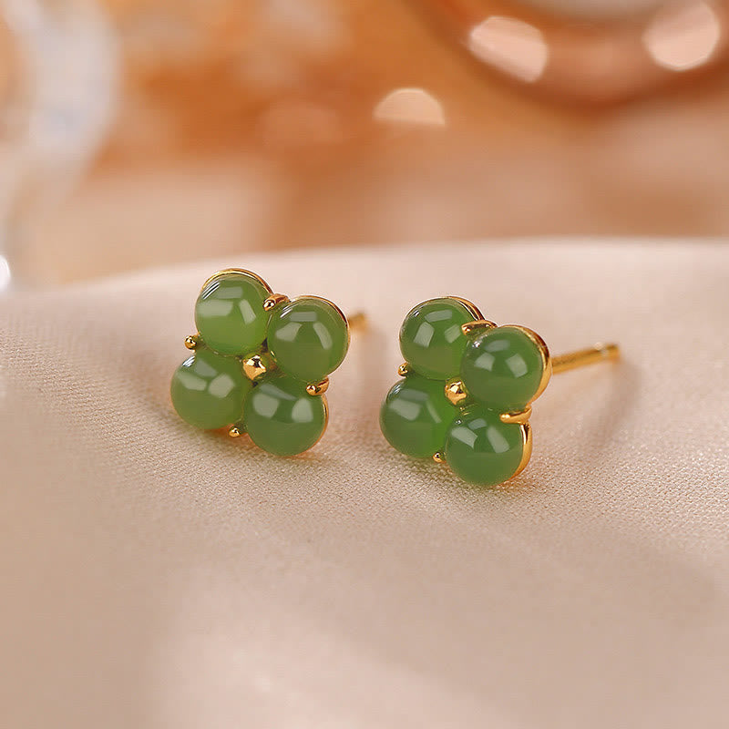 LAOTLON 925 Sterling Silver Plated Gold Natural Cyan Jade Four Leaf Clover Luck Stud Earrings