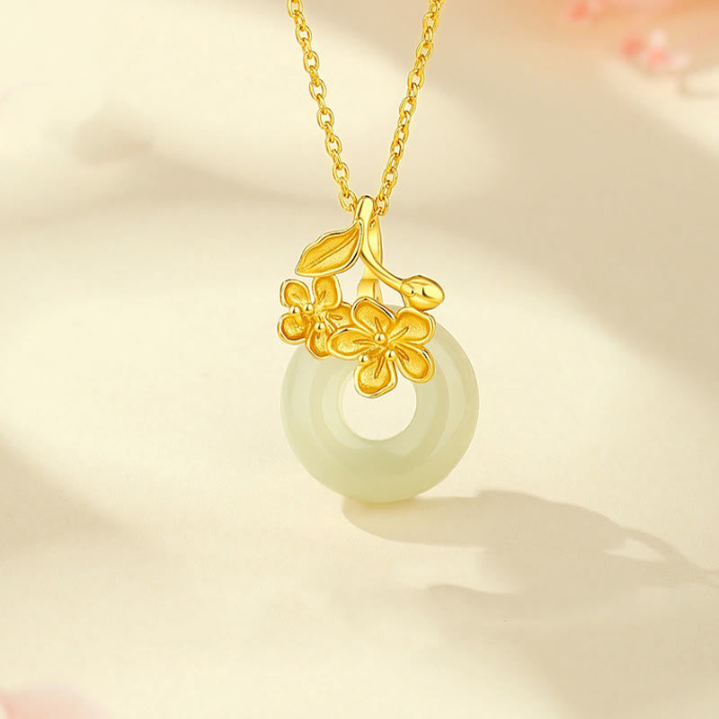 LAOTLON Hetian Jade 999 Sterling Silver Peace Buckle Peach Blossom Necklace Pendant