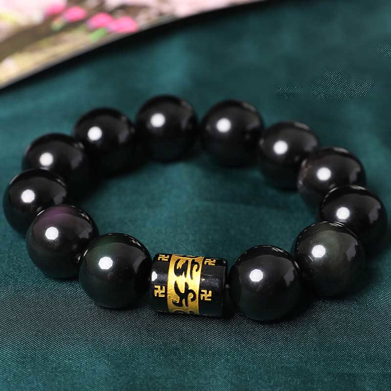LAOTLON Rainbow Obsidian Om Mani Padme Hum Swastika Positive Bracelet