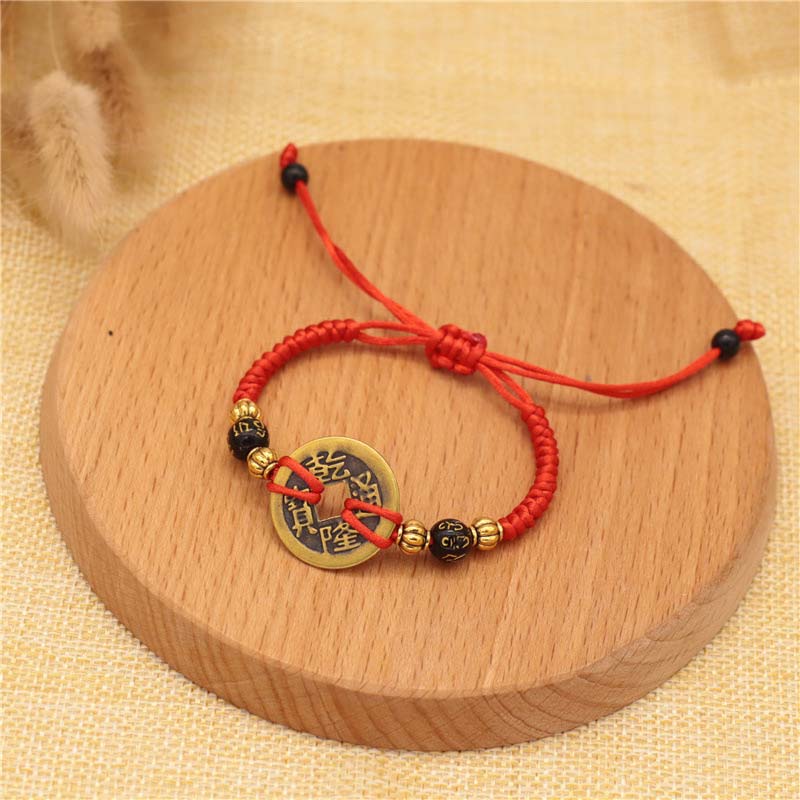LAOTLON Copper Coin Fortune Red String Weave Bracelet