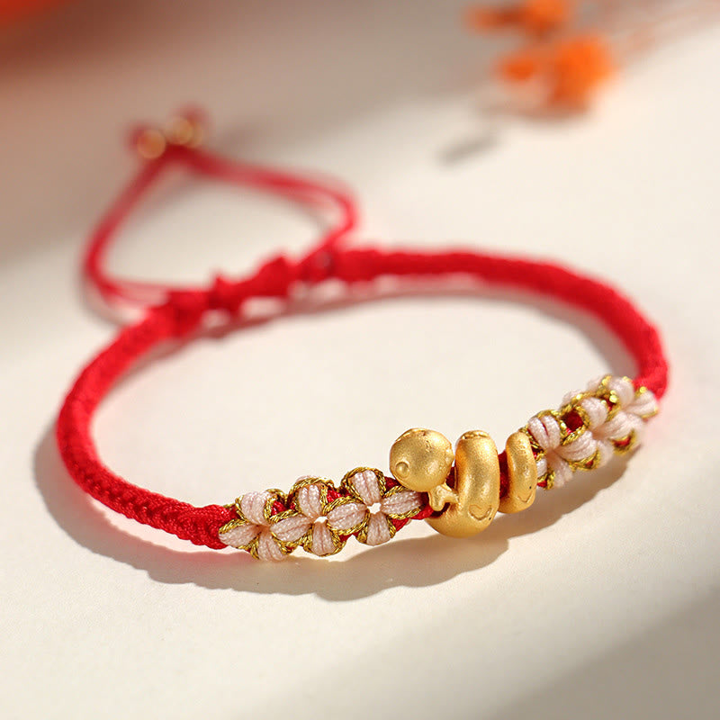 LAOTLON Handmade 999 Sterling Silver Year Of The Snake Red String Heart Peach Blossom Luck Bracelet