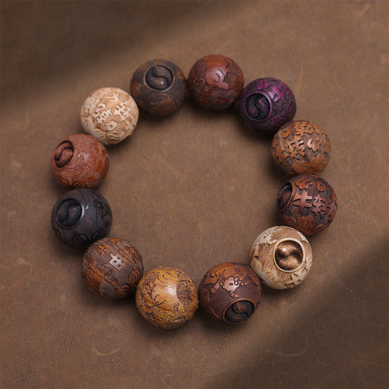 LAOTLON Carving Sandalwood Chinese Zodiac Auspicious Dragon Phoenix Fu Character Healing Bracelet