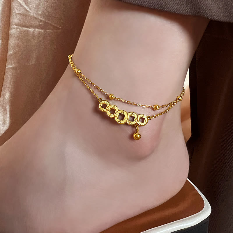 LAOTLON Copper Coins Attract Wealth Titanium Steel Anklet