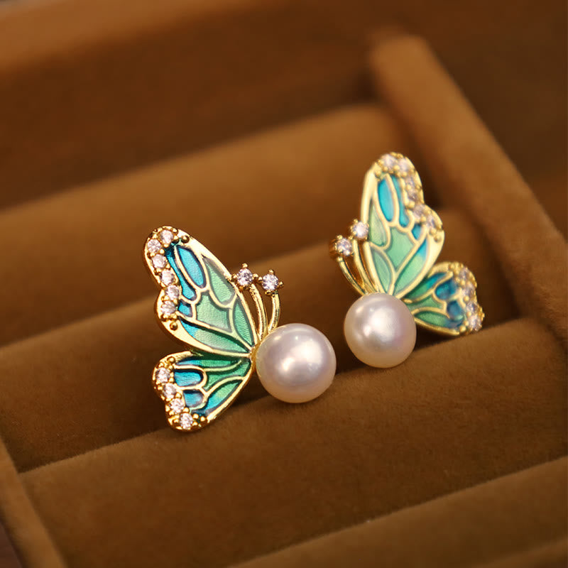 LAOTLON 925 Sterling Silver Posts 18K Gold Plated Copper Natural Pearl Butterfly Healing Stud Earrings