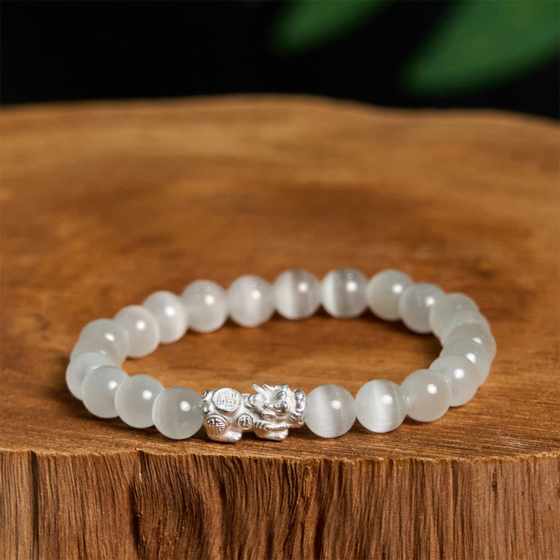 LAOTLON Natural Cat’s Eye Beads 990 Sterling Silver Pixiu Positive Bracelet