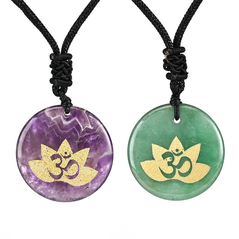 LAOTLON OM Lotus Symbol Various Crystal Amethyst Tiger Eye Healing Necklace Pendant