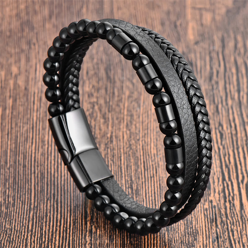 LAOTLON Frosted Stone Multi-layer Leather Titanium Steel Balance Buckle Bracelet