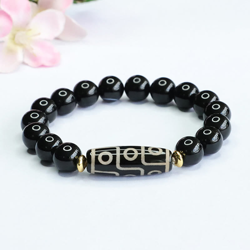 LAOTLON Tibetan Nine-Eye Dzi Bead Black Onyx Power Bracelet