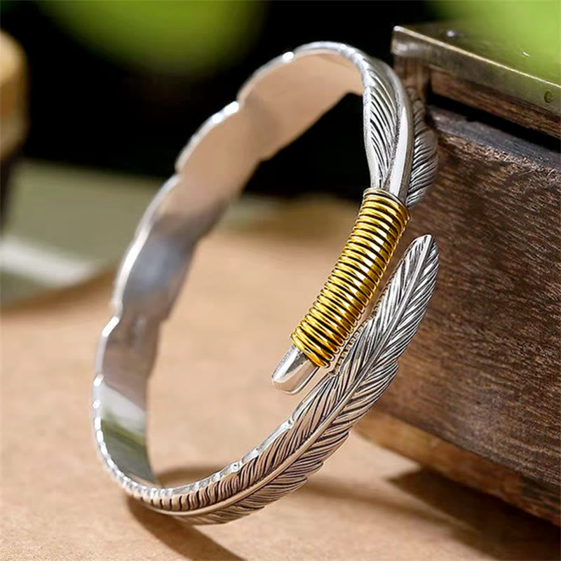LAOTLON Feather Pattern Engraved Luck Cuff Bracelet Bangle