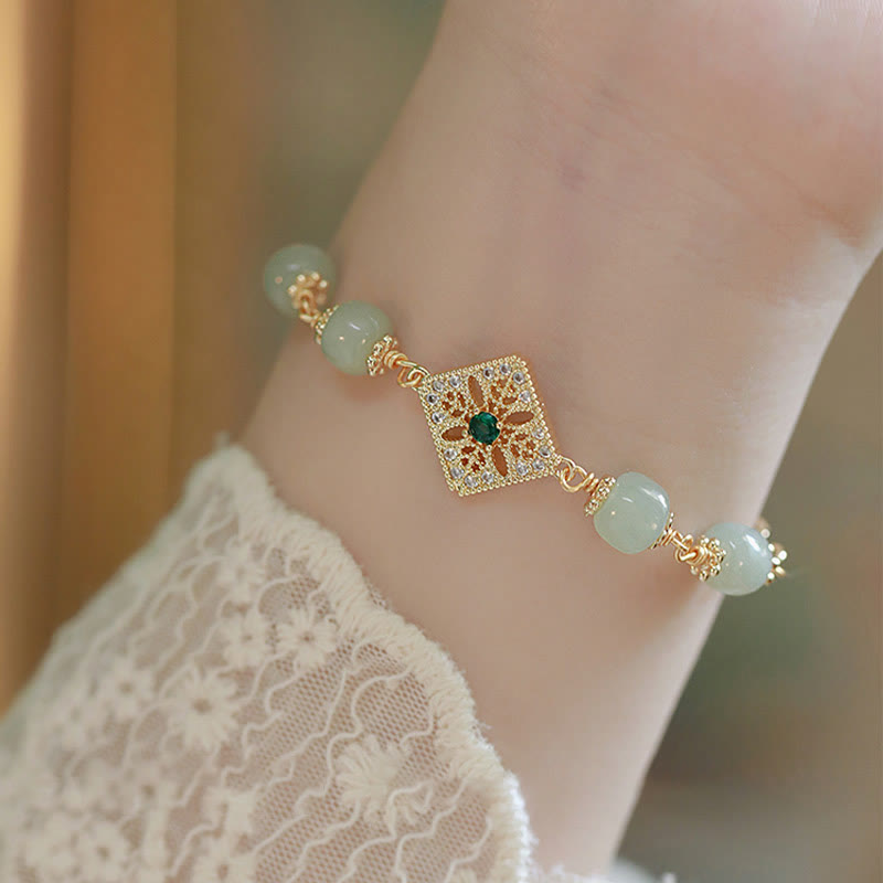 LAOTLON Natural Hetian Jade Bead Square Pattern Luck Chain Bracelet