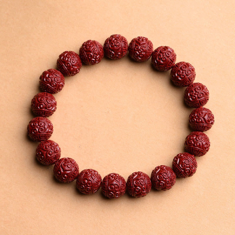 LAOTLON Natural Cinnabar Om Mani Padme Hum Fret Pattern Lotus Blessing Bracelet