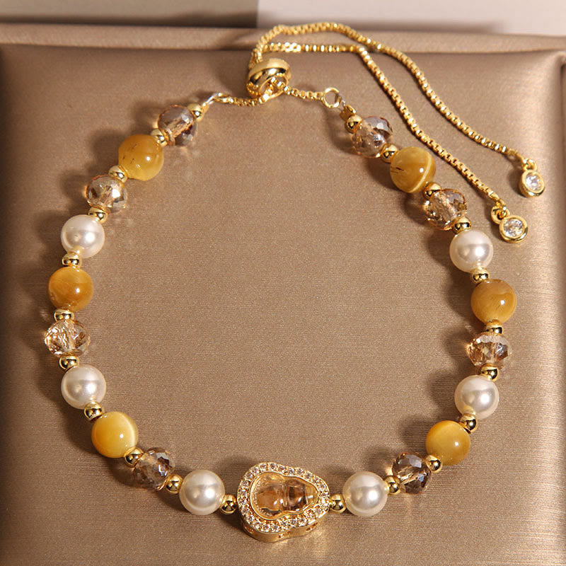 LAOTLON Yellow Cat’s Eye Stone Pearl Gourd Prosperity Bracelet