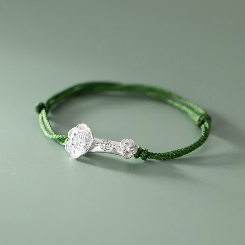 LAOTLON Handmade 999 Sterling Silver Fu Character Wish Ruyi Handle Luck Braided Green Rope Bracelet