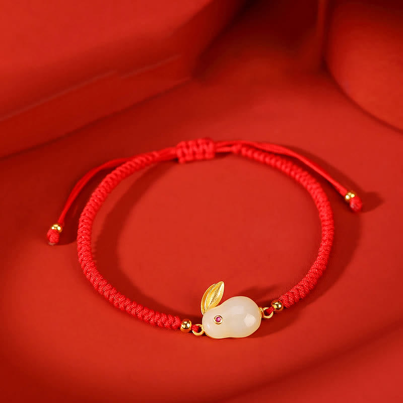 LAOTLON 925 Sterling Silver Year of the Rabbit Hetian White Jade Luck Red String Protection Bracelet