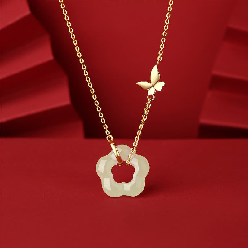 LAOTLON 925 Sterling Silver Butterfly Hetian Jade Flower Blessing Necklace Pendant
