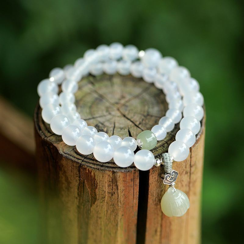 LAOTLON White Agate Jade Lotus Protection Bracelet