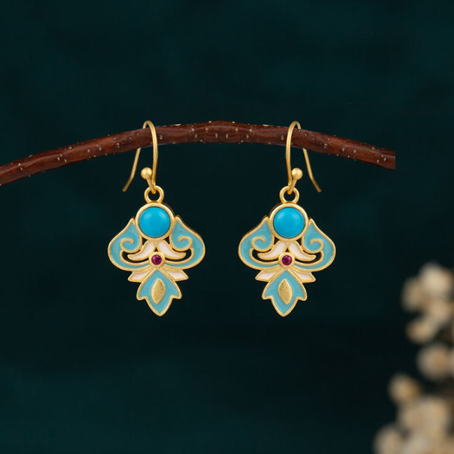 LAOTLON Copper Enamel Turquoise Positive Drop Earrings